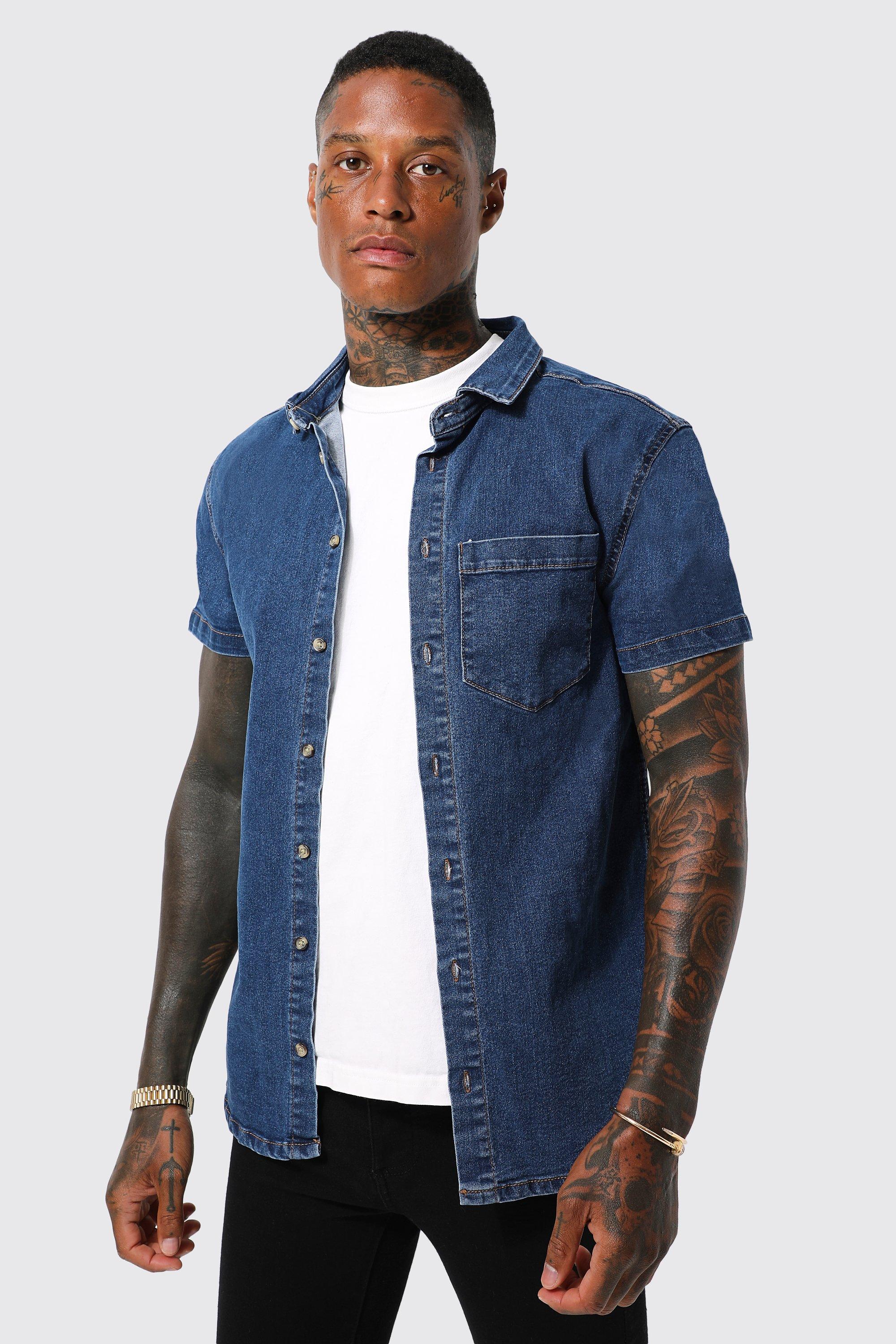 Mens short sleeve 2025 denim shirt